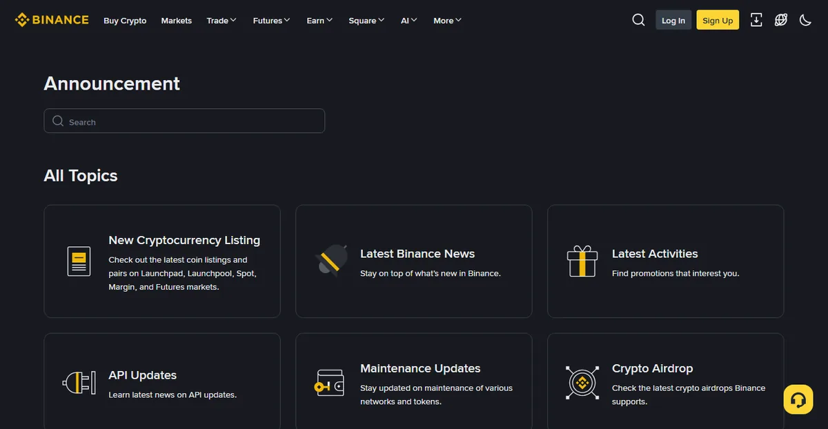 An exchange announcement centre with a search box and topic categories including new listings, latest news, activities, API updates and maintenance