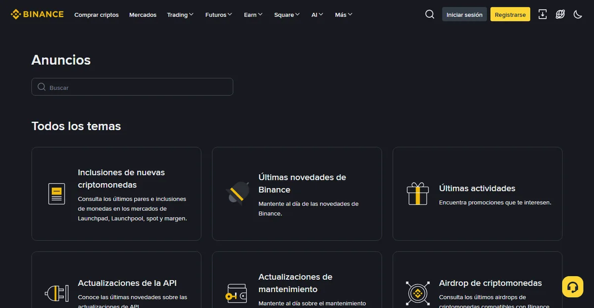 Página de anuncios de un exchange, con listado cronológico de publicaciones y filtros por categoría en el lateral