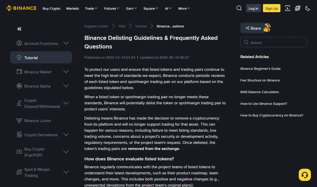 The Binance help page on delisting guidelines and frequently asked questions, explaining the criteria for delisting and what happens afterwards