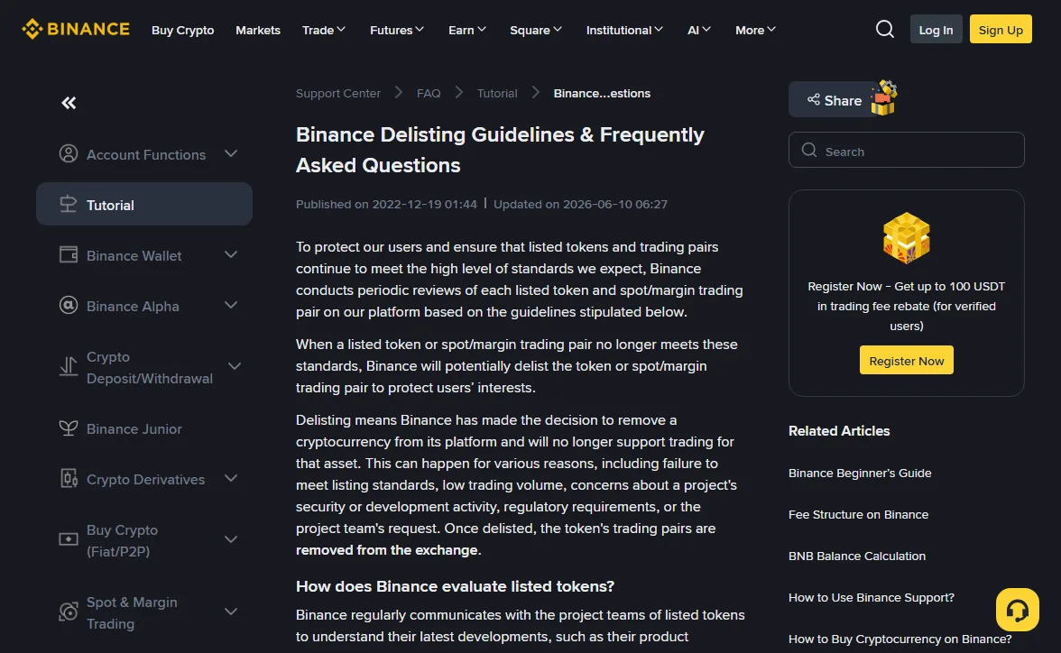 Top of the Binance Delisting Guidelines and FAQ page in the help centre, with the published and updated dates shown under the title