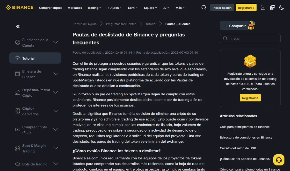 Página de ayuda de Binance sobre las pautas de deslistado y preguntas frecuentes, que explica los criterios de deslistado y qué ocurre después