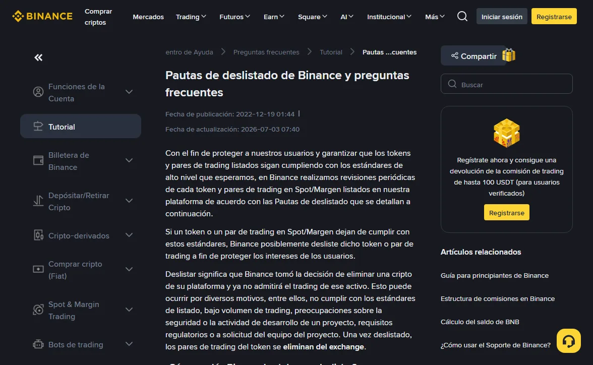 Parte superior de la página Pautas de deslistado de Binance y preguntas frecuentes, con la fecha de publicación y la de actualización bajo el título