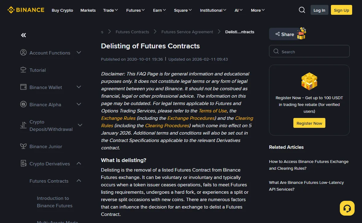 Binance help-centre page titled Delisting of Futures Contracts, showing the publication and update dates under the title and the opening definition of delisting