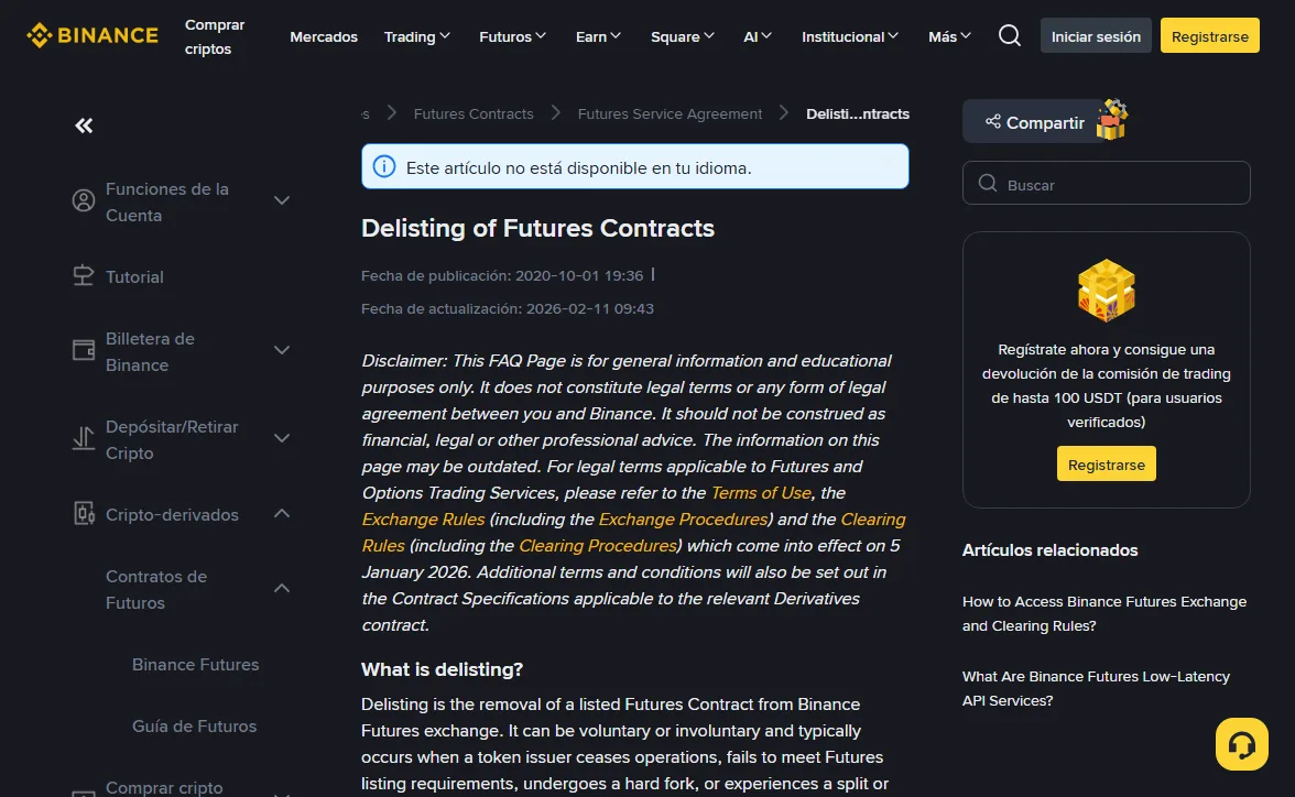 Página del centro de ayuda de Binance «Delisting of Futures Contracts» abierta desde la versión en español, con el aviso de que el artículo no está disponible en tu idioma y las fechas de publicación y actualización bajo el título