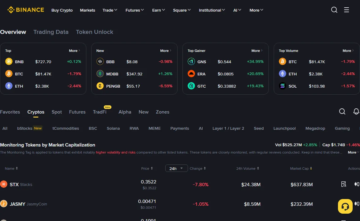 Binance Markets page in English headed Monitoring Tokens by Market Capitalization; a grey line underneath says the Monitoring Tag is applied to tokens that exhibit notably higher volatility and risks compared to other listed tokens and that they are closely monitored with regular reviews; below, tagged tokens are listed with price, 24h change, volume and market cap