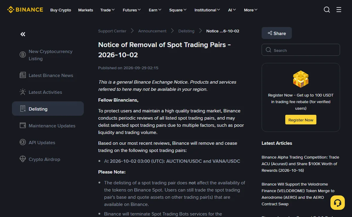 Binance announcement page titled Notice of Removal of Spot Trading Pairs - 2026-10-02, published on 2026-09-29 02:15, listing AUCTION/USDC and VANA/USDC for removal at 2026-10-02 03:00 (UTC), with a Please Note section stating that removing a spot trading pair does not affect the availability of the tokens on Binance Spot