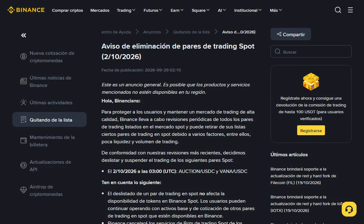 Página de anuncios de Binance titulada Aviso de eliminación de pares de trading Spot (2/10/2026), con fecha de publicación 2026-09-29 02:15, que lista AUCTION/USDC y VANA/USDC para el 2/10/2026 a las 03:00 (UTC) y aclara en sus notas que deslistar un par spot no afecta la disponibilidad de tokens en Binance Spot