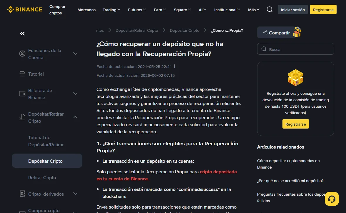 Página del centro de ayuda de Binance «¿Cómo recuperar un depósito que no ha llegado con la Recuperación Propia?», con fecha de publicación 2021-05-25 y fecha de actualización 2026-06-02 bajo el título, y debajo las primeras condiciones: que el depósito sea a tu propia cuenta y que la transacción figure como confirmed/success en la cadena