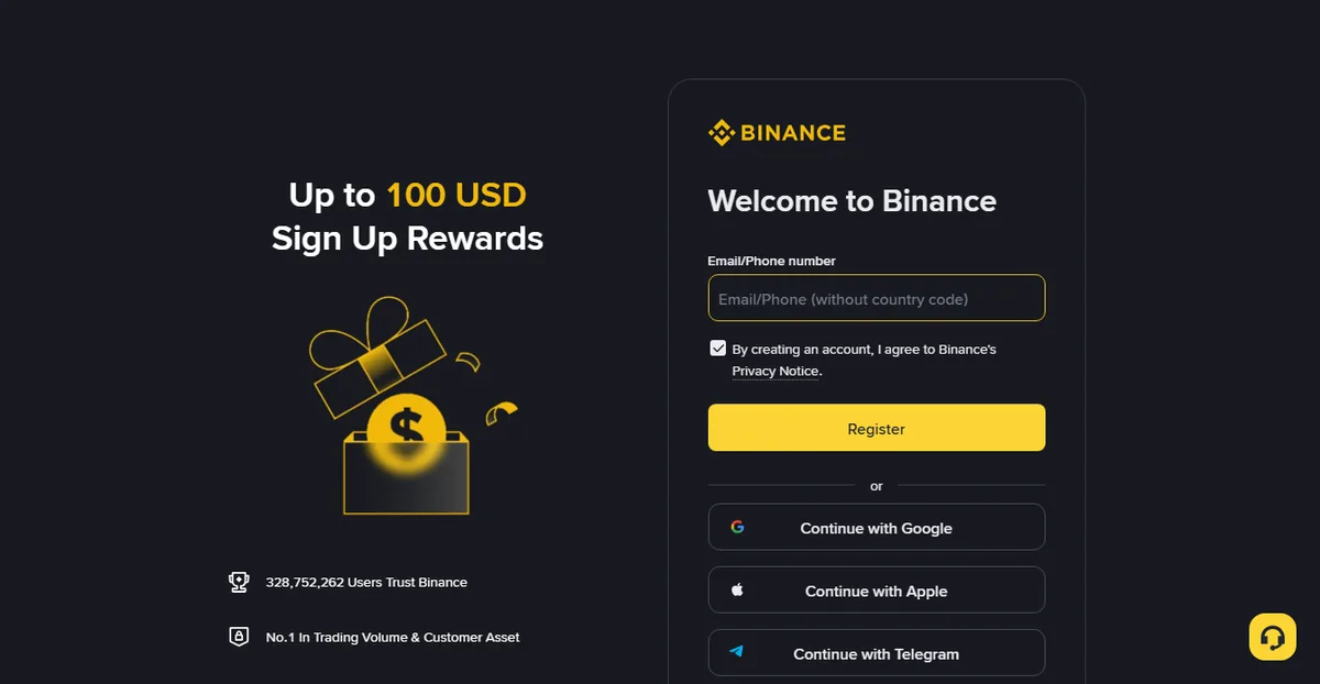 The Binance sign-up page: a single email or phone field, a Register button, and Google, Apple and Telegram continue options