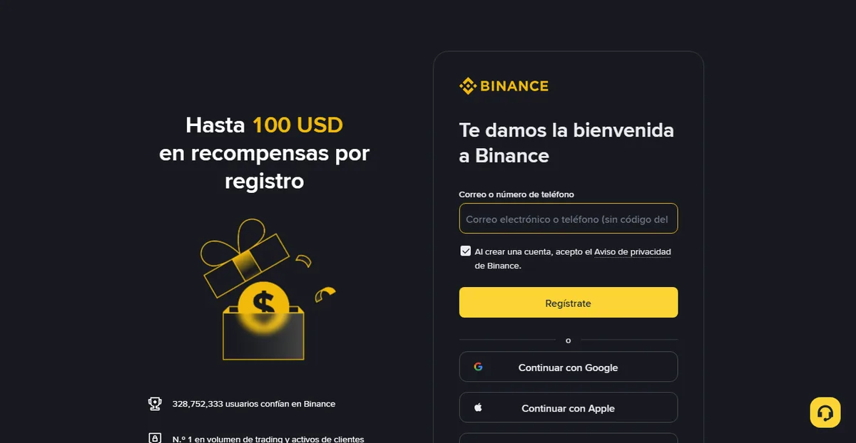 Página de registro de Binance: un solo campo de correo o teléfono, un botón de registro y opciones para continuar con Google, Apple y Telegram
