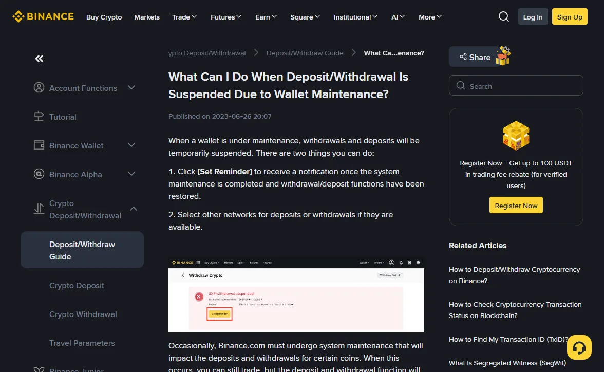 Binance help-centre page titled What Can I Do When Deposit/Withdrawal Is Suspended Due to Wallet Maintenance, published 2023-06-26, listing two options: Set Reminder and choose another network, above a mock-up of an SXP withdrawal suspended notice with estimated recovery time, reason and a Set Reminder button
