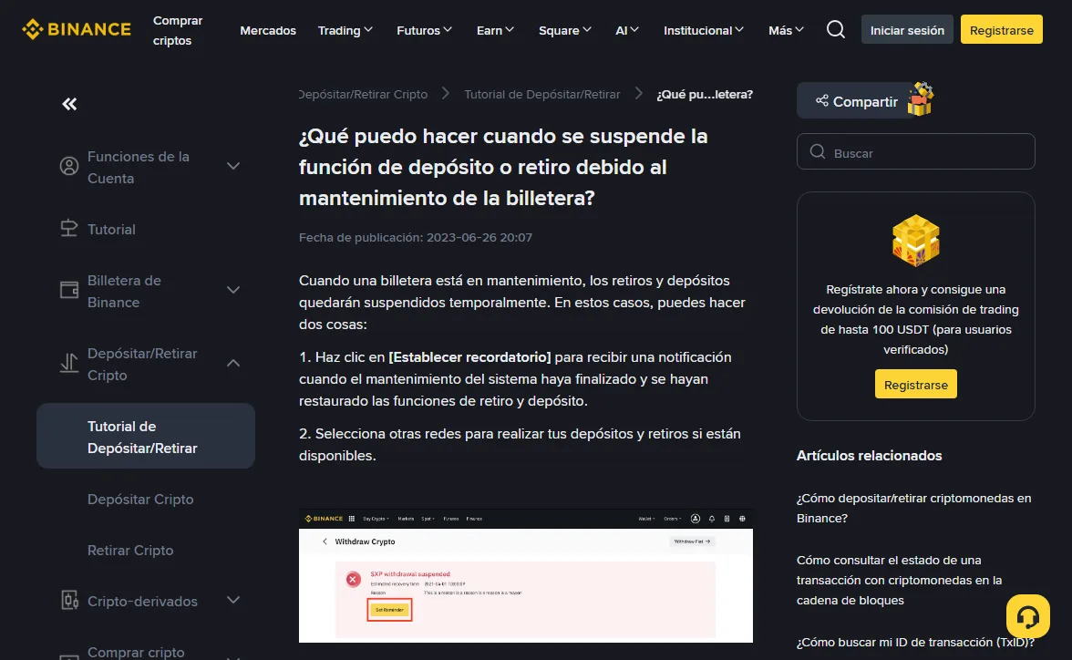 Página del centro de ayuda de Binance en español sobre la suspensión de depósitos o retiros por mantenimiento de la billetera, con fecha de publicación 2023-06-26, las dos opciones Establecer recordatorio y elegir otra red, y debajo un ejemplo del aviso SXP withdrawal suspended con tiempo estimado, motivo y botón Set Reminder