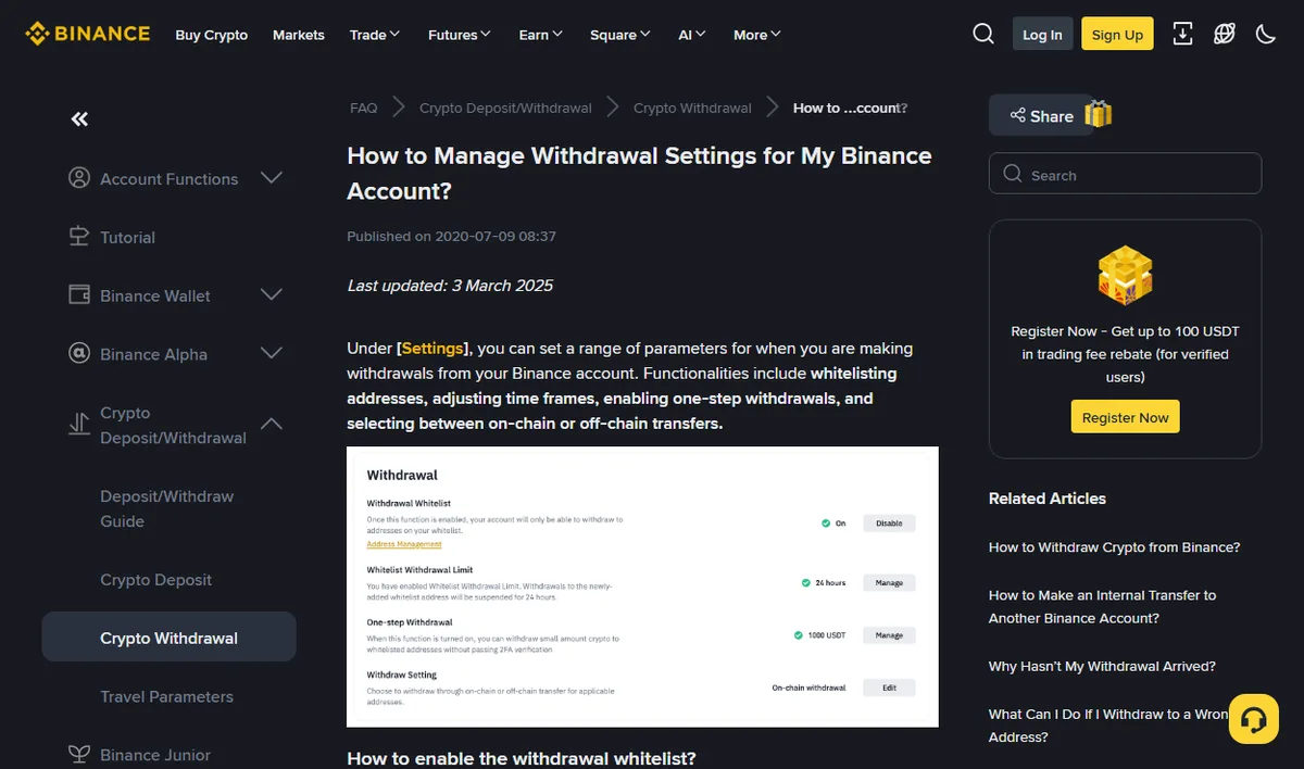 The Binance help page for withdrawal settings, showing the withdrawal whitelist toggle, the whitelist withdrawal limit, one-step withdrawal and on-chain or off-chain transfer options