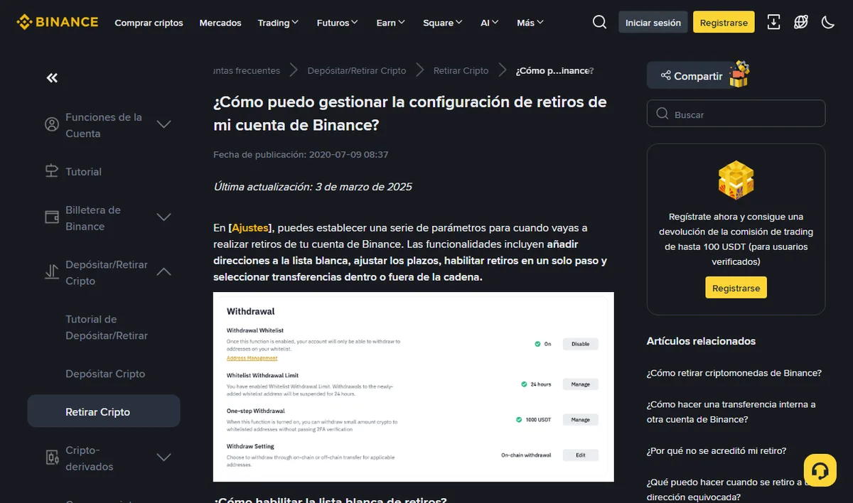 Página de ayuda de Binance sobre la configuración de retiros, con el interruptor de la lista blanca, el límite de retiro de la lista blanca, el retiro en un paso y las opciones de transferencia dentro o fuera de la cadena